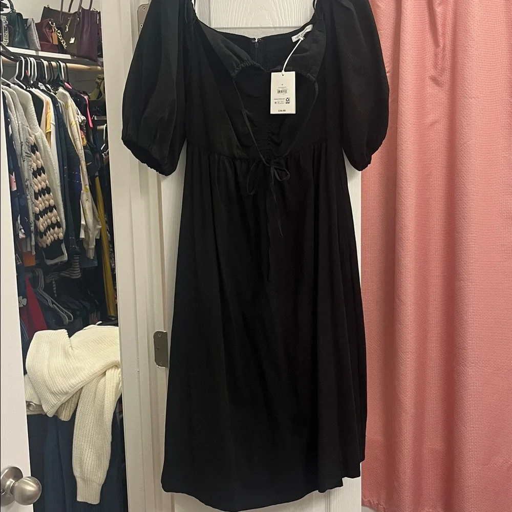 Black Puff Sleeve Midi Dress with NeckTie and pockets - Picture 2 of 4